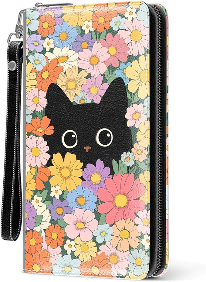 Floral Black Cat Wallet for Women - Slim PU Leather Womens Wallet with Cash Zipper Coin Purse, Small Credit Card Holder Travel Wallet, Wristlet Wallets for Female Ladies Teen Girls Purse