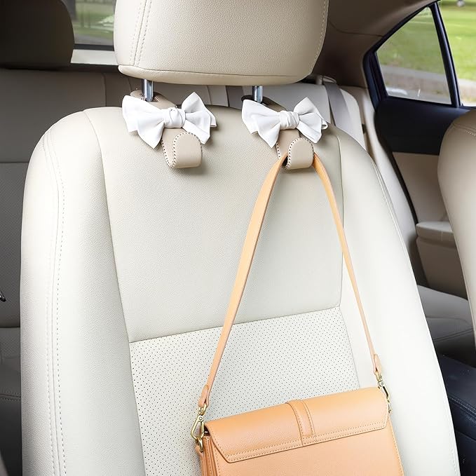 Car Purse Hook, Cute Bow Hooks for Headrest - Leather U-Shaped Purse Holder for Car, Flexible Seat Back Organizer & Durable Vehicle Accessories for Bags, Coats & More (Beige-2 Pack)