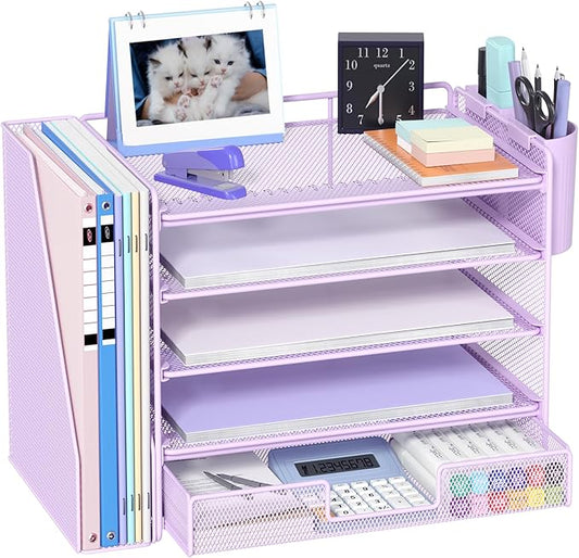 OPNICE Desk Organizer, 5-Tier Paper File Organizer with Drawer & Pen Holder, Office Desk Accessories, Workspace Desktop Organizer for Office Supplies(Purple)