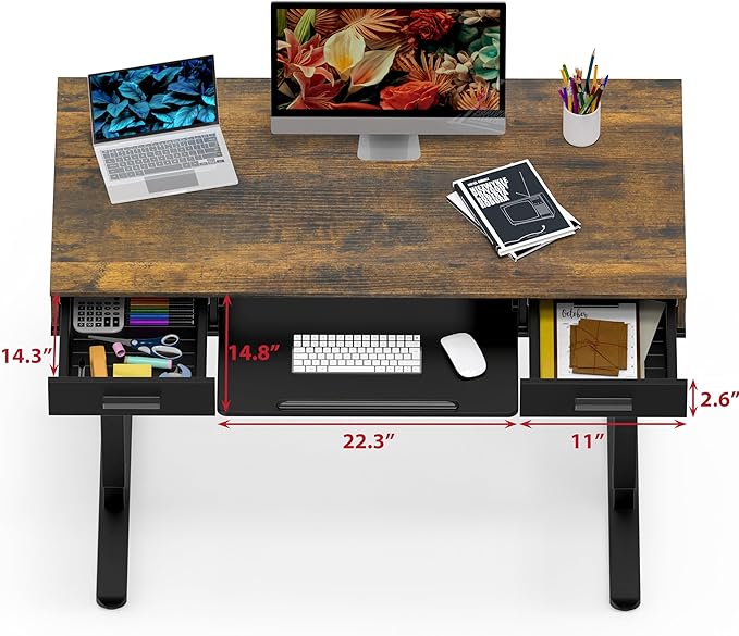 SHW 48-Inch Electric Height Adjustable Desk with Keyboard Tray and 2 Drawers, Rustic Brown
