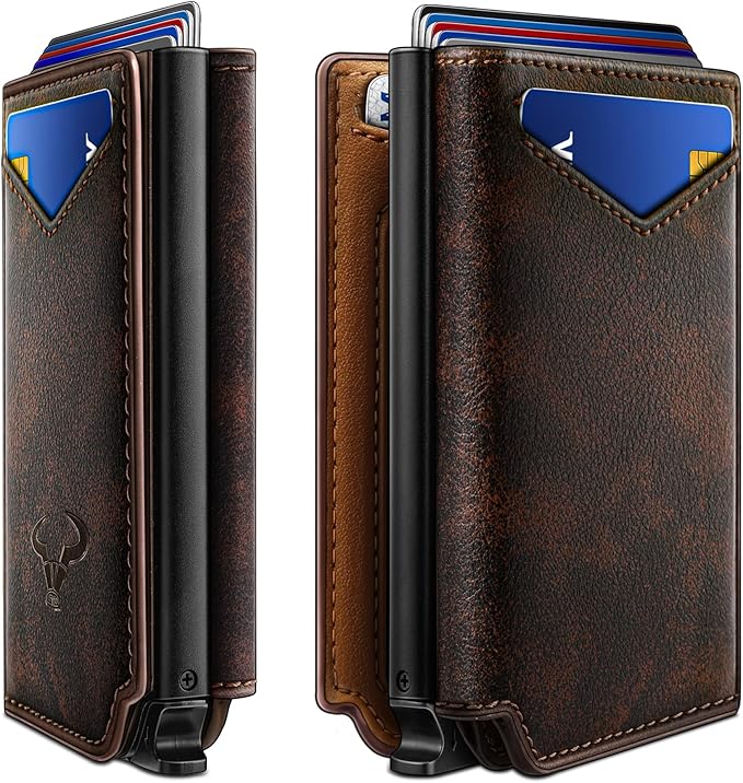 BULLIANT Men Wallet Leather Wallet Card Holders Money Clip for Men 10Cards-Magnetic Flip on Metal Case