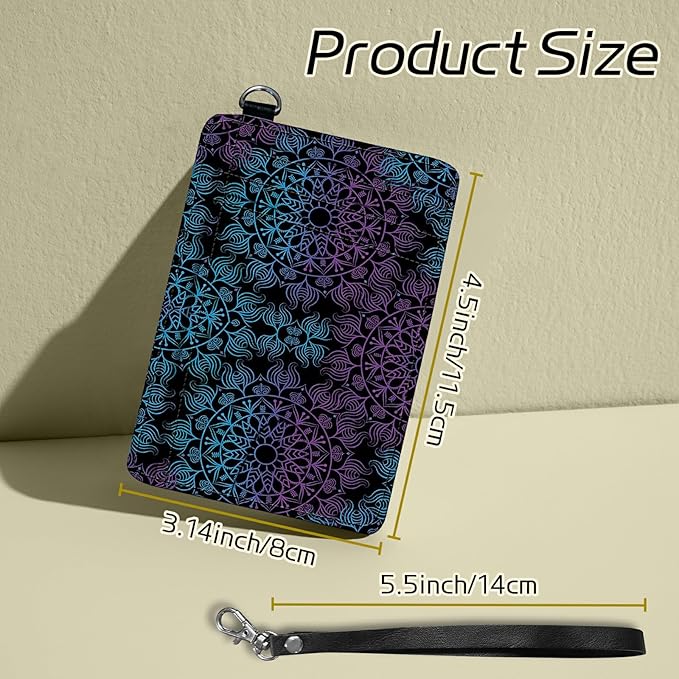 Small Travel Wallets, Purple Blue Mandala Slim Minimalist Front Pocket Wallet with Wristlet, RFID Blocking PU Leather Credit Card Holder with ID Window Change Purse for Men Women