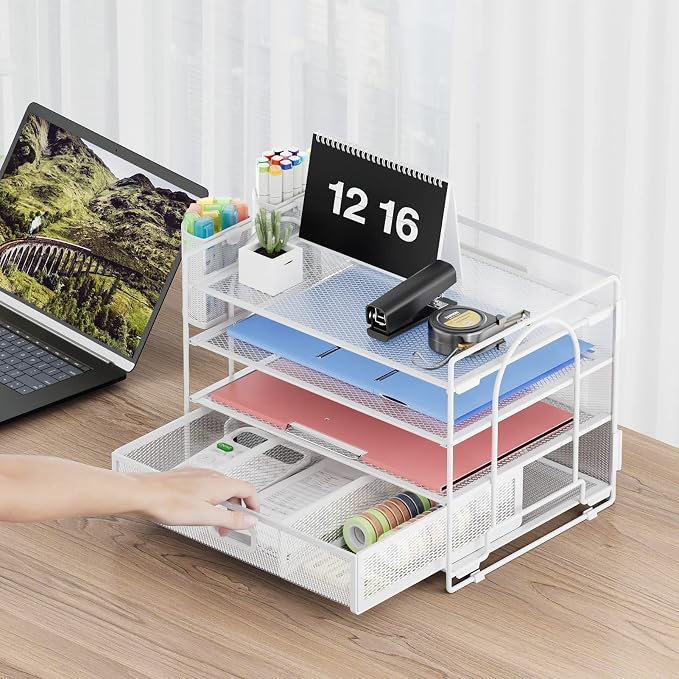 Marbrasse Desk Organizer and Accessories4-Tier Paper File Letter Tray Accessories & Workspace Desk Organizers with Drawer and 2 Pen Holders for School Home Office Supplies (White)
