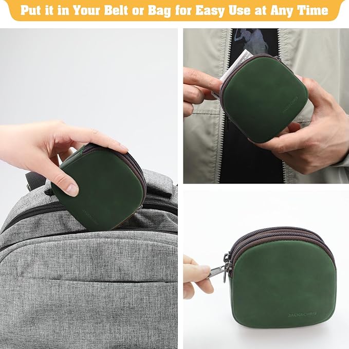 Jack&Chris Coin Purse for Men, Genuine Leather Mini Coin Wallet Zipper Pocket with Back Belt Loop, Coin Bag for Men, Green