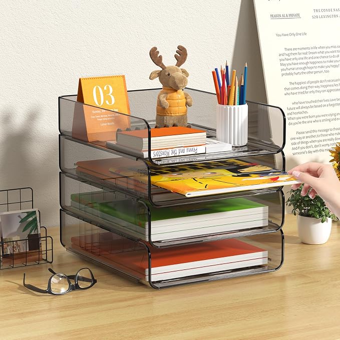 FANXIYQ 4-Tier Acrylic Paper Tray Organizer, Smoked Brown Stackable Desk File Organizer for Documents, Files, Letters, A4 Paper, Books, Notes, Mail & Paper Storage, Office Classroom Home
