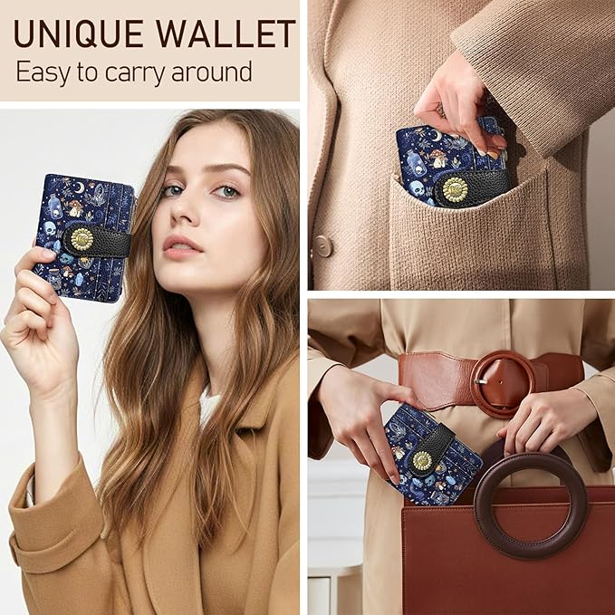 Kelvoris Skull Mushroom Snake Night Small Rfid Women Wallet Bifold Zipper Coin Pocket PU Leather Compact Cash Credit Card Holder Travel Wallet for Female Ladies Teen Girls 1 ID Window 10 Card Slots