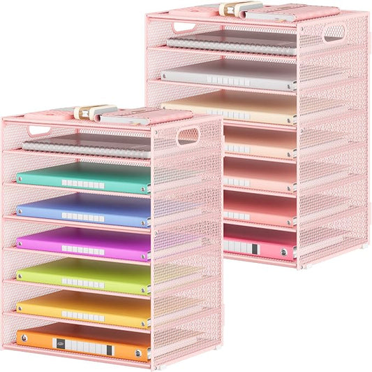 Lavatino 2 Pack 8-Tier Office Desk File Organizer, Letter Tray Paper Organizer with Handle, Including 5 Adjustable Slide Trays for Organizing Desk Workspace Accessories and Supplies (Pink Mesh)