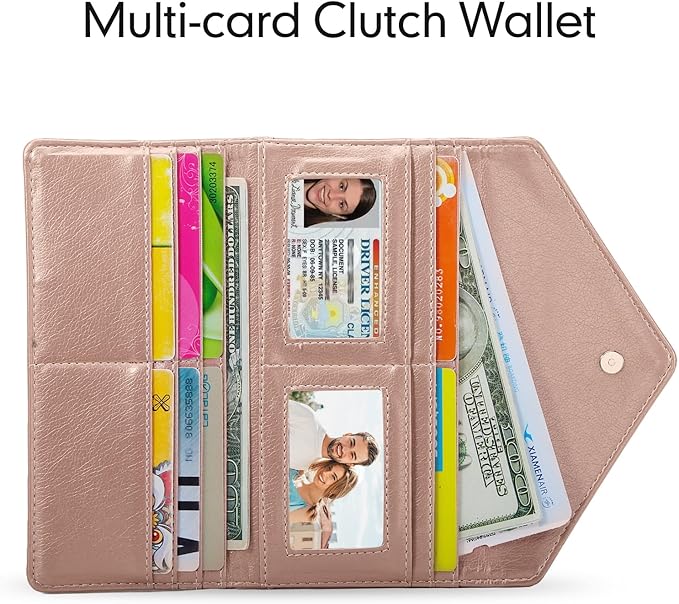Envelope Wallets for Women Leather Credit Card Holder with RFID Blocking,2 ID Window, Zip Coin Pocket, Rose Gold