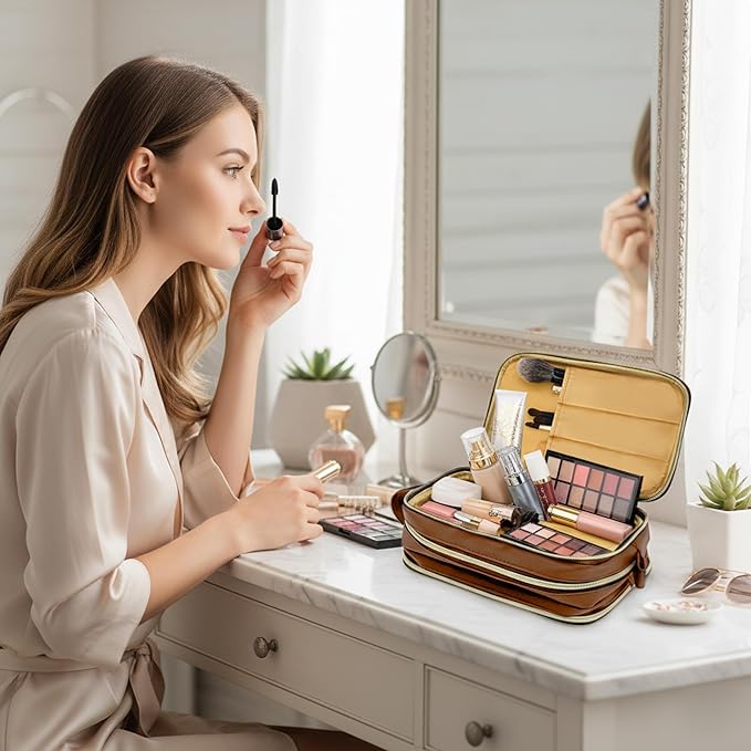 Travel Makeup Bag for Women, Large Capacity Waterproof Cosmetic Organizer with Divider & Handle, Portable Open Flat Toiletry Pouch for Travel Accessories (Brown)
