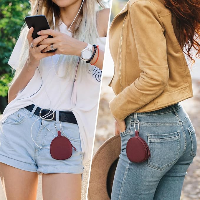 Keychain Pouch Coin Pouch Compact EDC Pouches Data Cable Organizer Earphone Earbuds Storage Zipper Case Bag with Clip on Hook for Mini Gear Bag, Change Wallet (Burgundy)