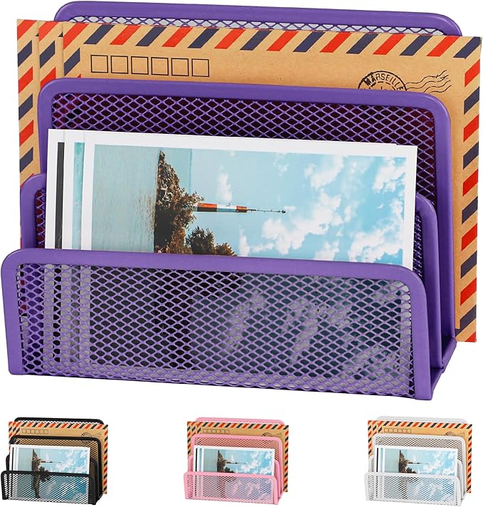 EASEPRES Desk Mail Organizer, Office Small Desktop Metal Mesh Envelope Letter Sorter Paper File Holder Organizer with 3 Vertical Upright Compartments, Purple 1 Pack