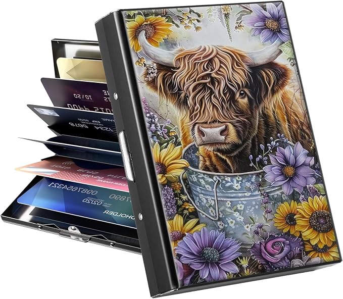 Metal Wallet, Credit Card Holder for Women Men Girls, RFID Blocking Aluminum Wallet Slim Hard Case, Mini Travel Wallet, ID Card Holder Business Card Case,Cow Art
