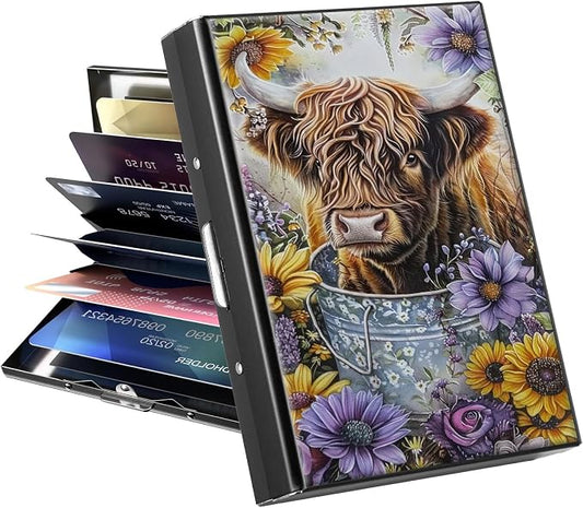 Metal Wallet, Credit Card Holder for Women Men Girls, RFID Blocking Aluminum Wallet Slim Hard Case, Mini Travel Wallet, ID Card Holder Business Card Case,Cow Art