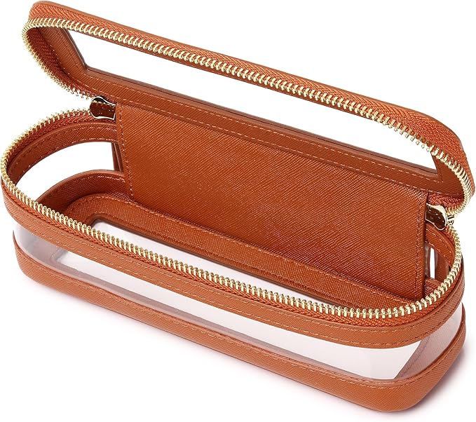 Pinkmik Makeup Brush Case Clear Travel Cosmetic & Toiletry Bag Slim Makeup Bag with Zipper Small Purse Organizer Car Essential for Women (X/Brown, SLIM-1)