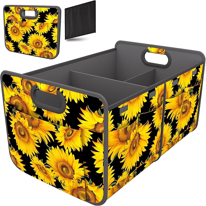 Homeve Trunk Organizer, Car Storage, Reinforced Handles, Collapsible Multi-Compartment, Foldable, Waterproof, Sturdy, 600D Oxford Polyester For Car, SUV, Mini-Van, Sunflower, 2 Compart