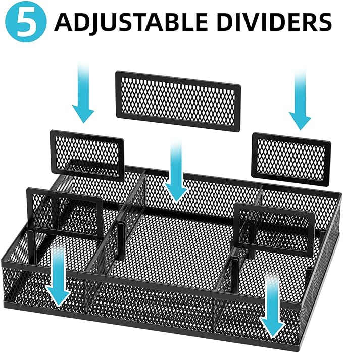 Marbrasse 2 Pack Desk Drawer Organizer, Mesh Drawer Organizer Tray with 8 Adjustable Compartments, Desk Organizers and Accessories, 5 Dividers Drawer for Office Supplies, Makeup & Vanity (Black-2P)