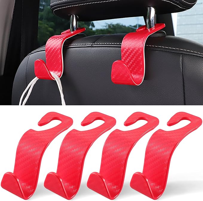LivTee Car Purse Hook, Headrest Hook for Car, 4 Pack Universal Auto Car Seat Headrest Hook Hangers Organizer for Purse Coat Umbrellas Grocery Bags Handbag, Car Accessories - Carbon Fiber Red