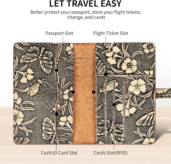 Genuine Leather Passport Holder Travel Bifold Wallet For Men And Women Slim RFID Blocking Butterfly pattern