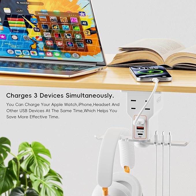Gaming Headphone Stand with Charging Station - Aluminum Hooks Headphone Holder, Under Desk Headset Stand, 3 USB & AC Outlet, Surge Protector & Cable Organizer, Gift for Girl/Men