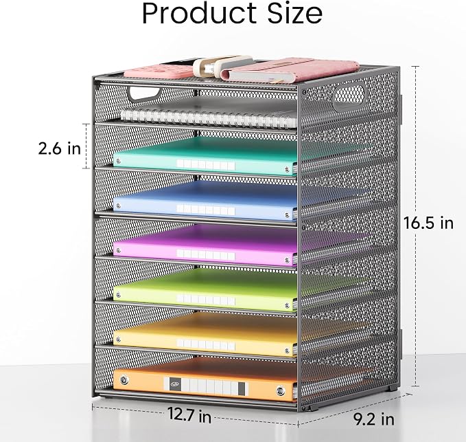 Lavatino 2 Pack 8-Tier Office Desk File Organizer, Letter Tray Paper Organizer with Handle, Including 5 Adjustable Slide Trays for Organizing Desk Workspace Accessories and Supplies (Grey Metal Mesh)