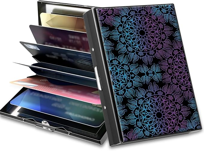 Slim Credit Card Holder, Purple Blue Mandala RFID Blocking Metal Wallet for Men & Women, Aluminum Minimalist Hard Case Pocket-Sized Business Cards Organizer (Fits Up to 10 Cards)