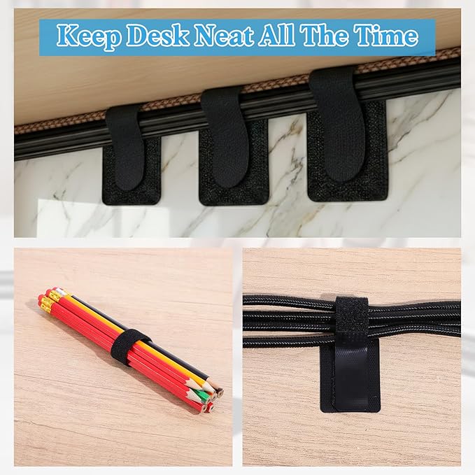 cobee 41 Pcs Cable Management Under Desk, Hook and Loop Cable Ties Self Adhesive Cables Clips Straps, Adjustable Cord Holder Up to 15 Cord for TV Laptop Desktop