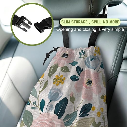 Car Garbage Bag Pink and Blue Rose Flowers Leak-Proof Waterproof Car Trash Bag with Drawstring Foldable Canvas Trash Bin with Adjustable Buckle for Car Accessories