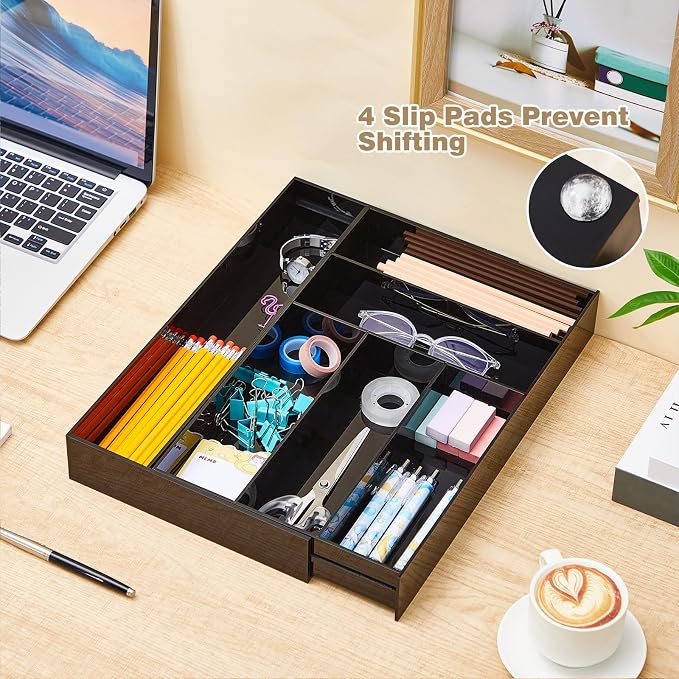 Briwooody 1 Pcs Acrylic Desk Drawer Organizer 9'' up to 18'' x 15'' x 2.1'' Expandable Drawer Organizer Trays with 7 Adjustable Compartments Black Desk Accessories for Makeup Office Bathroom