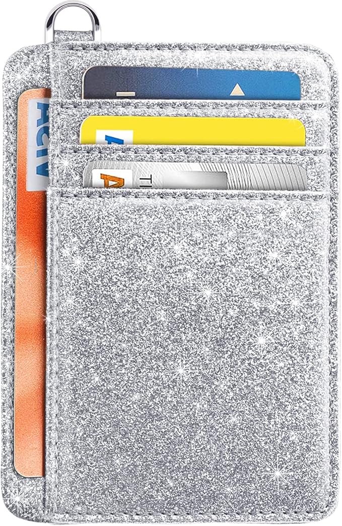 Coco Rossi Slim Front Pocket Wallet RFID ID Card Holder Cute Small Wallet with Keychian for Women,Silver Glitter