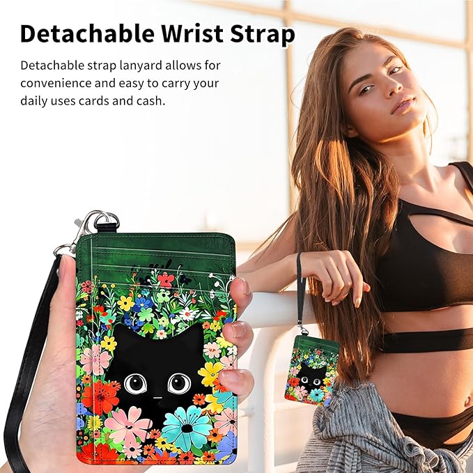 Slim Minimalist Front Pocket Wallet,Credit Card Holder Wallet for Women Men,RFID Blocking Credit Card Holder Case Leather Cute Small Thin Wallet ID Window&Wrist Strap,Cute Cat Floral