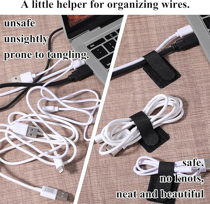 cobee 60 Pcs Hook and Loop Cable Ties, Under Desk Cable Management Reusable Wire Organizer for Cords Adhesive Cables Clips Adjustable Sticky Cord Organizer for Home Office Desk(3 x 9cm, Black)