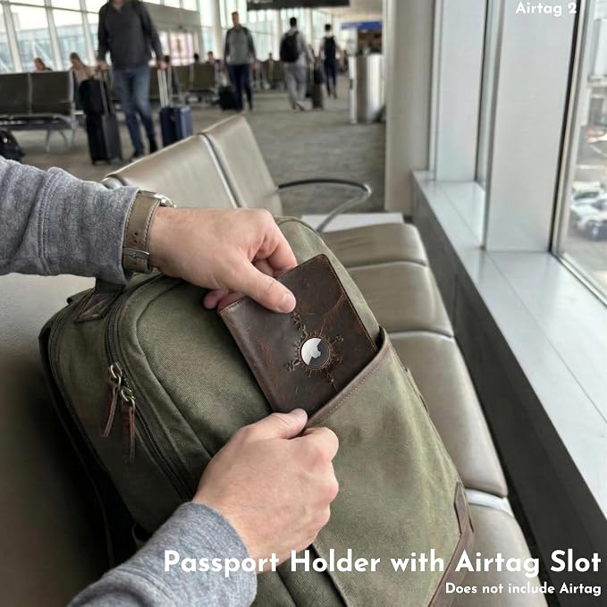 SETTINI Genuine Leather Passport Holder for Travel with AirTag Slot — RFID Blocking Passport Wallet, Find My Compatible, 6 Card Slots & ID Window, Compass Design, Gift Box (AirTag Not Included)