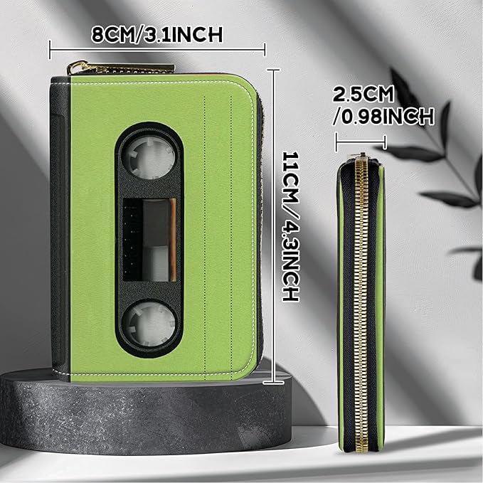 Cute Credit Card Holder with Zipper, Green Tape Cassette RFID-Blocking Card Case Small Wallet for Women Men, Multi-slot Card Organizer Case Travel Accordion Wallet
