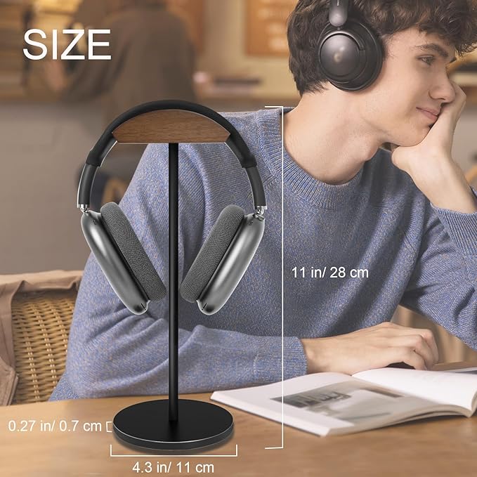Headphone Stand for Desk - Headset Holder with Aluminum Alloy Support Rod, Gaming Headset Stand with Wooden Support Plate