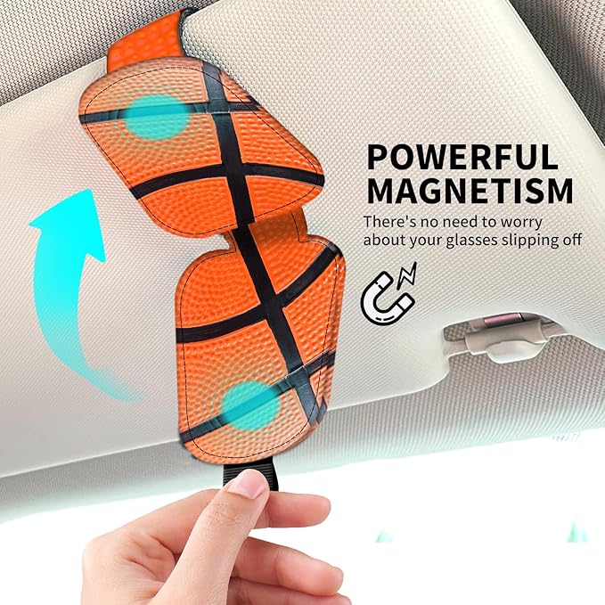 Leather Magnetic Sunglass Holder for Car Sun Visor, Cute Eyeglass Ticket Card Hanger Clip, Universal Auto Interior Accessories for SUV Pickup Truck Basketball Texture