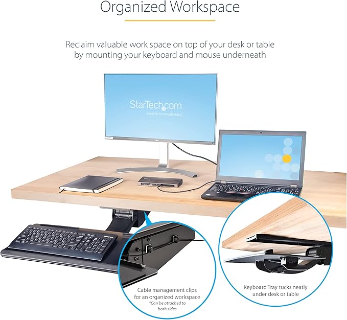 StarTech.com Under Desk Keyboard Tray - Full Motion & Height Adjustable Keyboard and Mouse Tray, 10"x26" Platform - Ergonomic Desk Mount Computer Keyboard Tray with Mouse Pad & Wrist Rest (KBTRAYADJ2)