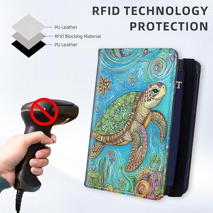[Colorful Turtle Ultra-Slim Passport Holder Wallet with Pen Loop, RFID Blocking Faux Leather Travel Passport Cover, Compact Boarding Pass & Card Case Organizer for Women & Men