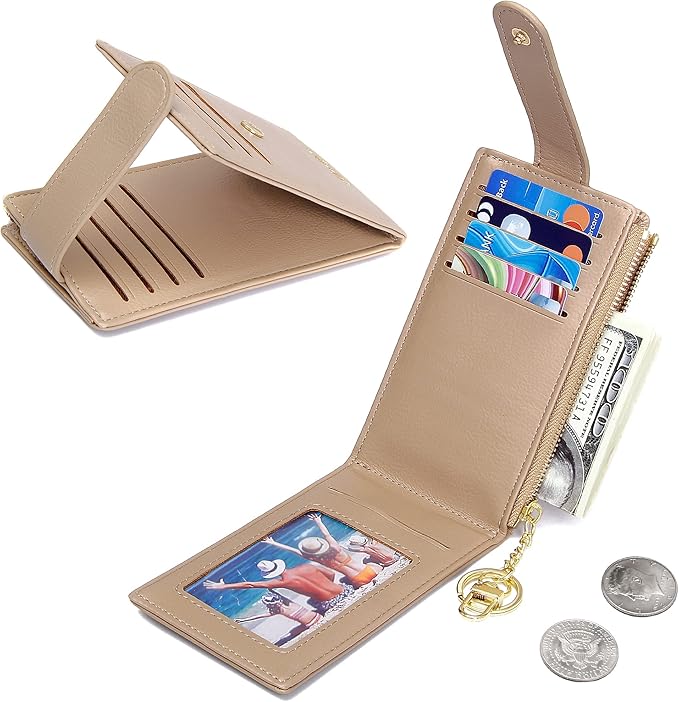Badiya Slim Women Wallet RFID Blocking Bifold Compact 9 Card Slots Holder Wallets Soft Leather with Zipper Coin Pocket 2 ID Window