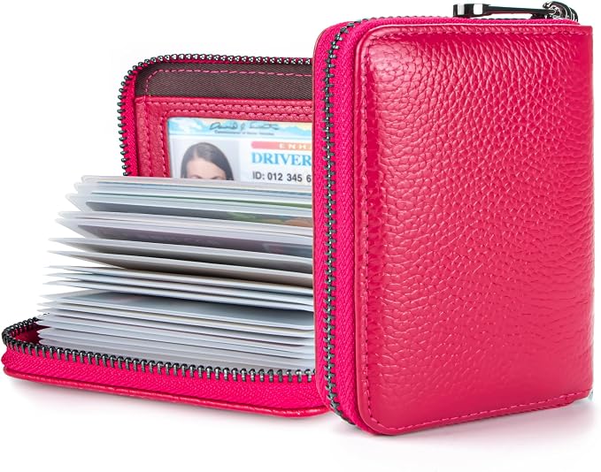 Suweibuke Genuine Leather Credit Card Holder Zipper Wallet RFID Blocking Secure Card Case ID Case Organizer (Rose Red)