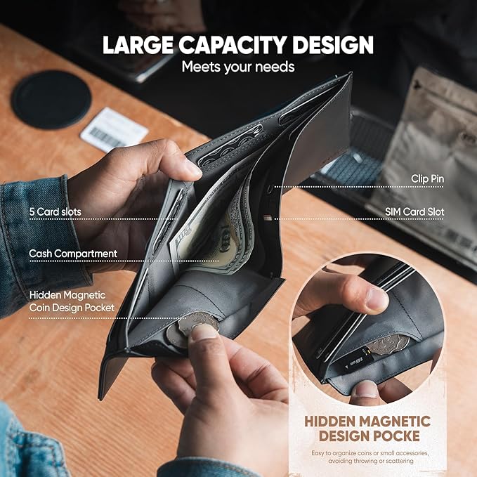 VULKIT Bilfold Passport Holder Leather RFID Blocking Passport Wallet with Hidden Pocket Slim Travel Documents Organizer for Men or Women (Passport, Card, Cash, Coin, SIM Card, Ticket)