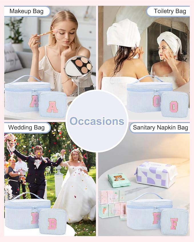 MONSTINA Initial Makeup Bags for Women|Cosmetic Bag for Travel Toiletry - Birthday Gifts for 11 12 13 14 15 16 17 18 Years Old Girls- Graduation Teen Girl Gifts Trendy Stuff Teacher Gift,2PCS,Blue S