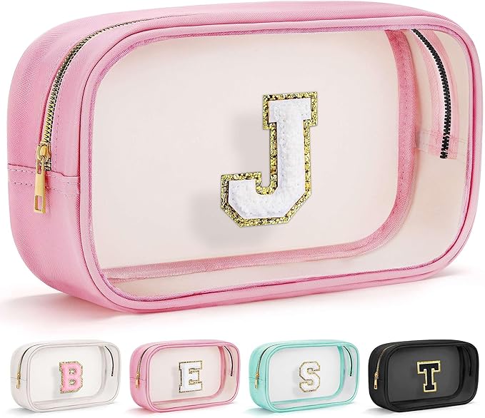 YOOLIFE Teacher Appreciation Gifts for Teacher Women Mothers Day Gifts for Mom Women | Initial Travel Essentials Makeup Bag, Clear Toiletry Bag Pouch Cosmetic Bags Case Large Makeup Bags Pink J