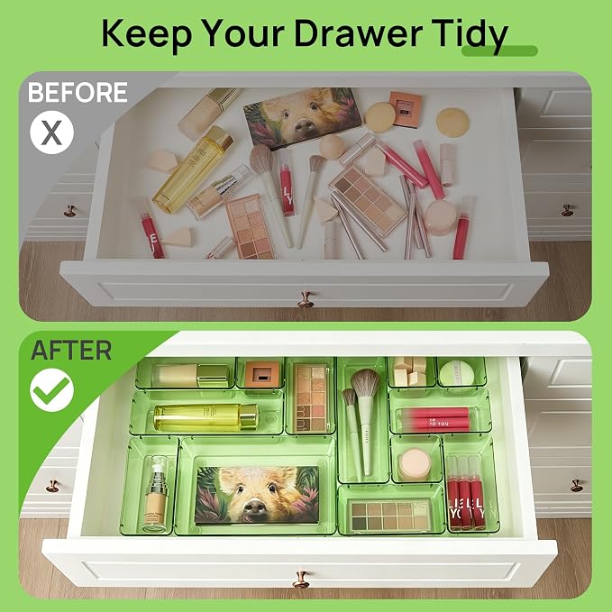 Vtopmart 25 PCS Clear Plastic Drawer Organizers Set, 4-Size Versatile Bathroom and Vanity Drawer Organizer Trays, Storage Bins for Makeup, Bedroom, Kitchen Gadgets Utensils and Office