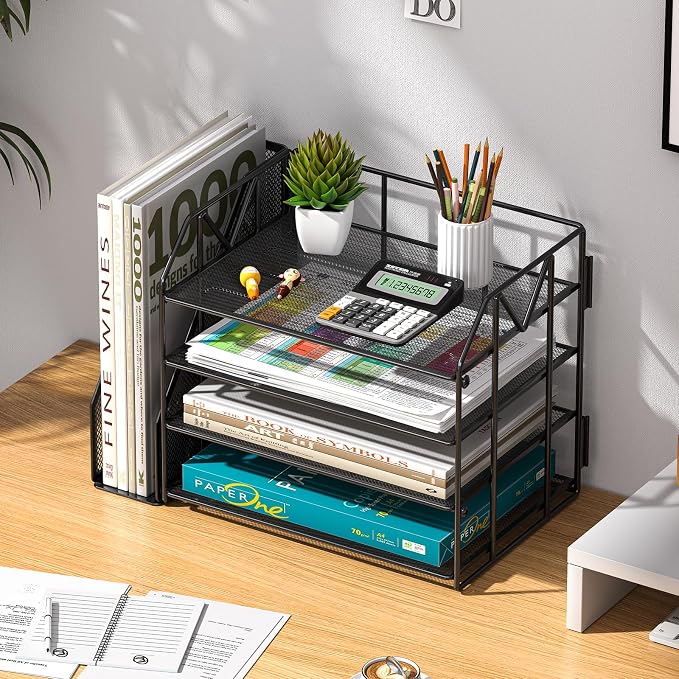 4-Tier Paper File Organizer with Bookend, Metal Desk Organizer, Tiered Paper Tray for Letter/A4 Files, Desktop Office Supplies Storage Rack for Home Office, Classroom, School & Work, Black
