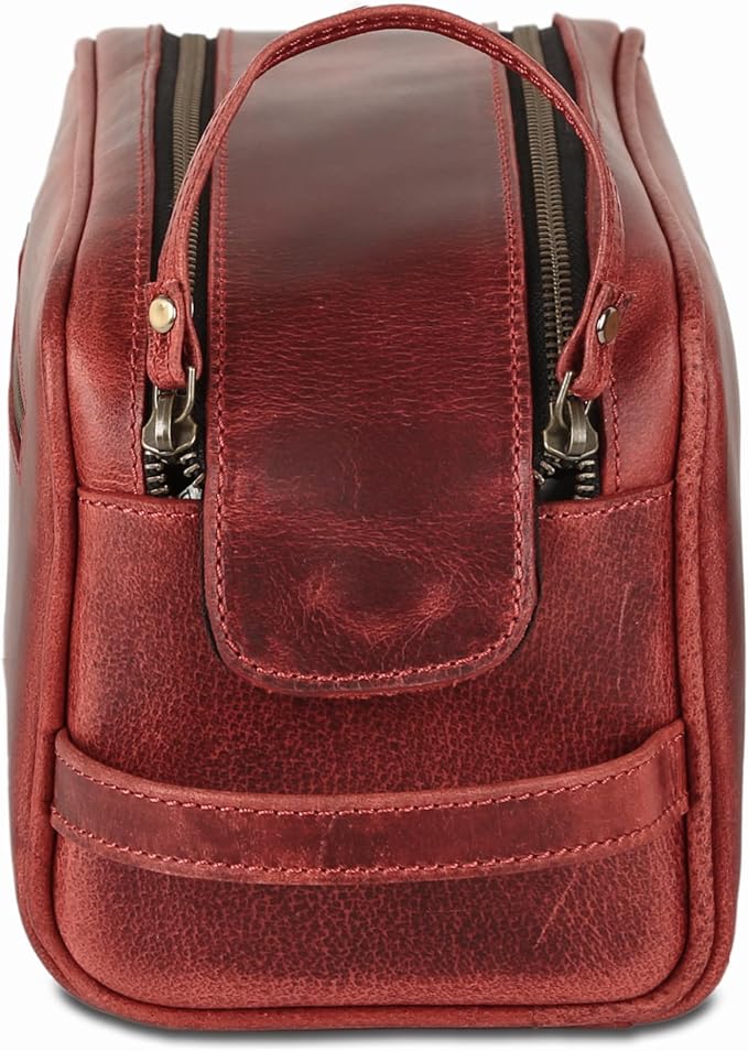 KomalC Leather Toiletry Bag for Men & Women – Handcrafted Travel Grooming Kit with Water-Resistant Lining and Secure Zipper Closure