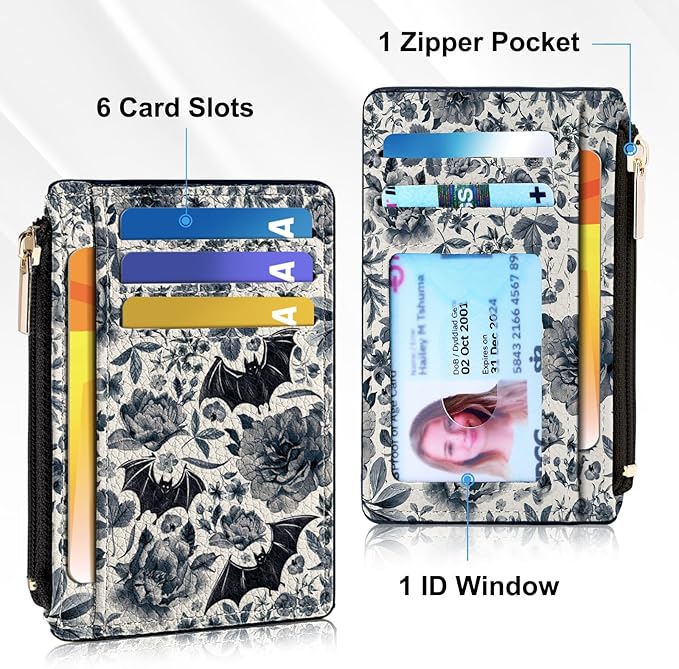 Tipmile Credit Card Holder for Women Slim Minimalist Front Pocket RFID Blocking Wallet Small Compact Card Case with ID Window, Bats