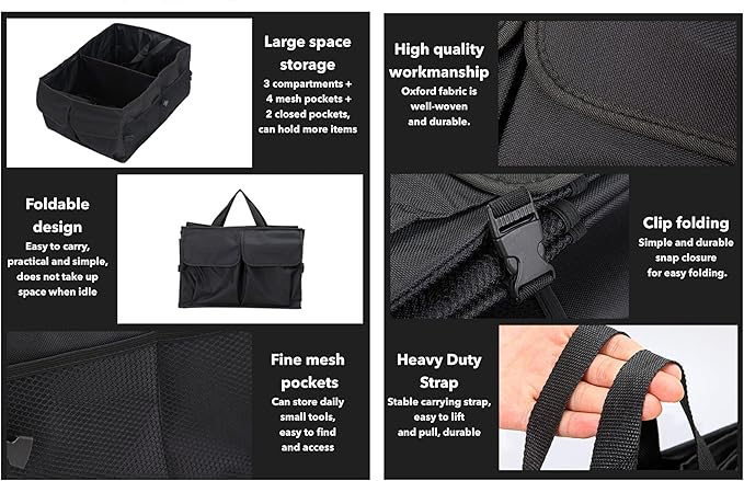 Trunk Organizer for Car - 52L Large Capacity Collapsible Multi Compartments Storage Organizer, Portable Car Storage Box for most Cars/Suv, Black