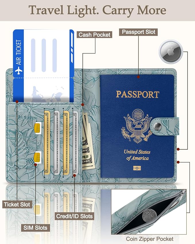 Slohif Floral Embossed Passport Wallet - Elegant Passport Wallet with AirTag Holder & RFID Blocking Slim Vegan Leather Passport Cover with Money Pocket and Card Slots Dusty Blue