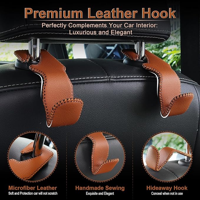 LivTee Brown Superior Leather Car Seat Back Headrest Hook, Auto Seat Hook Hangers Interior Accessories for Purse Coats Umbrellas Grocery Bags Handbag, 2-Pack