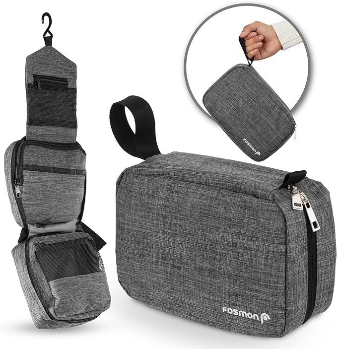 Fosmon Hanging Travel Toiletry Bag, Compact Travel Organizer | Water-resistant nylon, multiple pockets for toiletries/makeup, lightweight, ideal for men/women, shower and travel use.